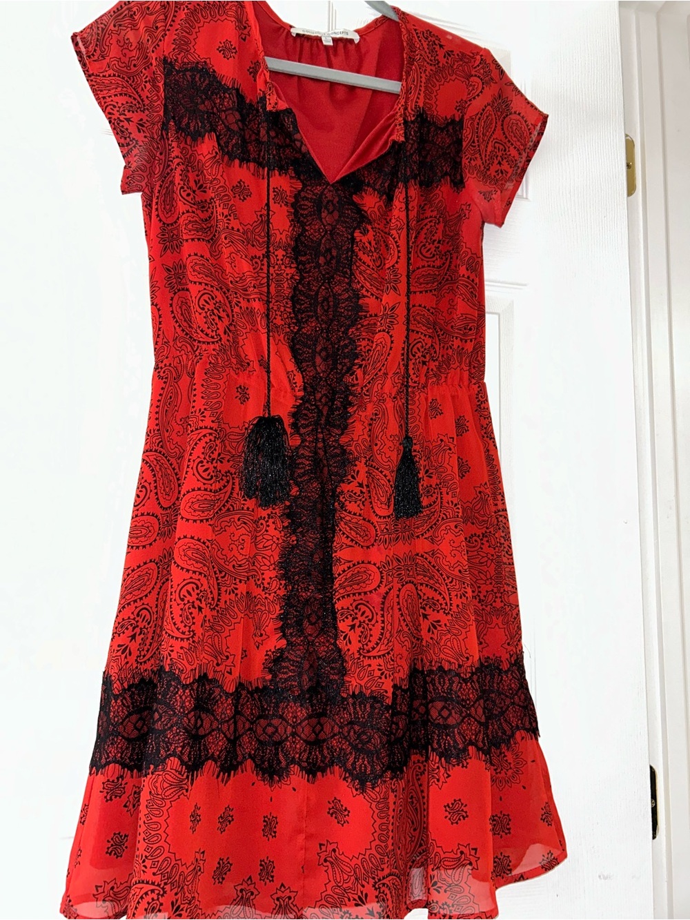Collective Concepts Red Mini Dress with Black Lace & Tassels